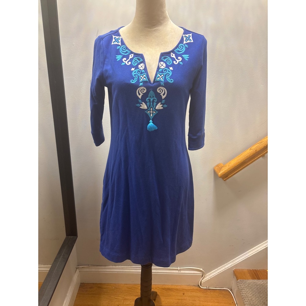 Hatley Tunic Dress Womens Medium Royal Blue Embroidered Tassel Boho